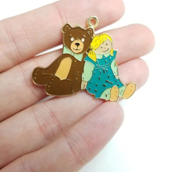 Vintage Teddy Bear with Bow Tie and Blond Doll in Dress Pendant Charm, Retro 80s - Picture 6 of 6